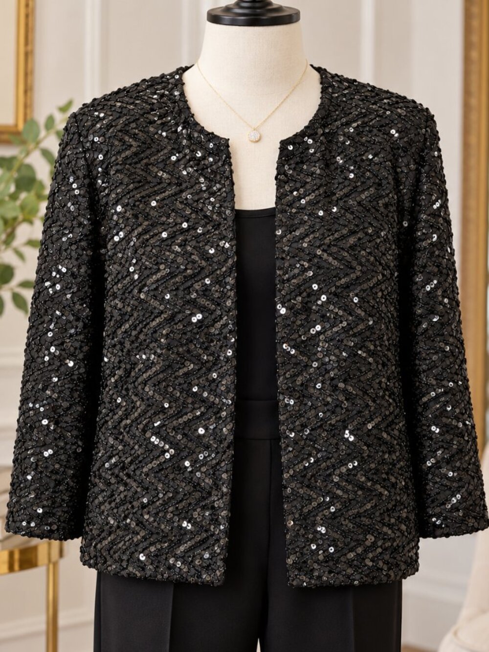 Miss H black sequin on taffeta  blazer cocktail jacket Vintage Size M